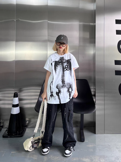 Human Skeleton Punk Bone Print Oversized Mid-Length Y2K T-Shirt