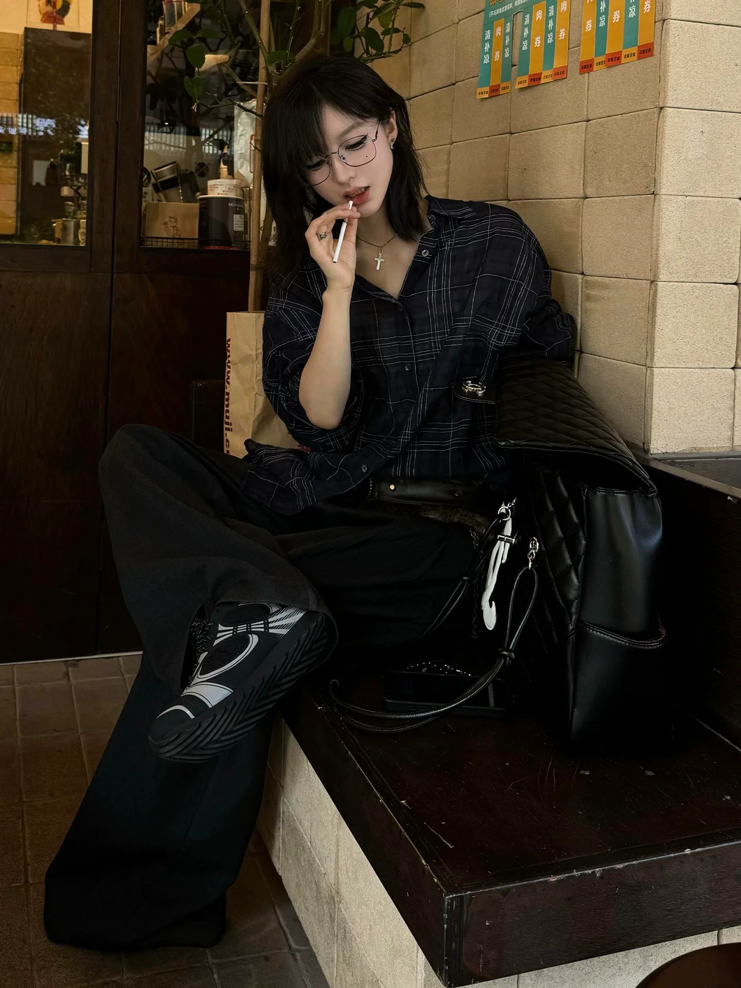 Asymmetric Plaid Long Sleeve Shirt Sheer Vacation Loose Fit Top