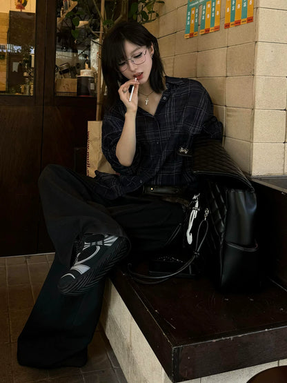 Asymmetric Plaid Long Sleeve Shirt Sheer Vacation Loose Fit Top