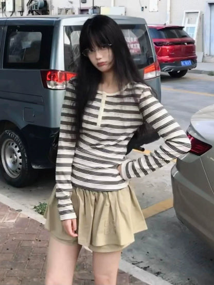 Retro Black White Striped Henley Long Sleeve Top