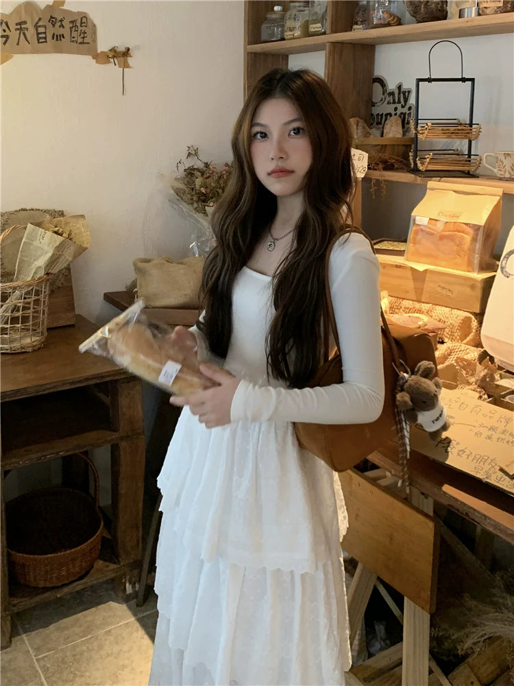 White Open-Back Ballet-Inspired Tiered Midi Dress