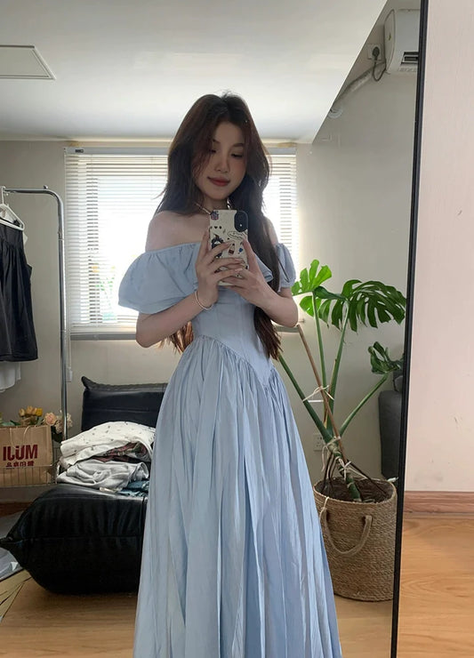 Blue Ruffled Sleeve Off-The-Shoulder French Retro Dress