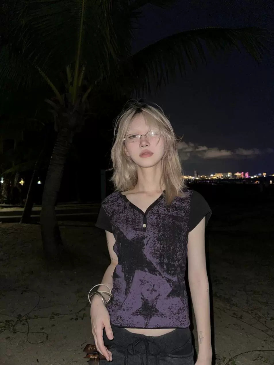 Black & Purple Subculture Punk Y2K E-girl Retro Star Print V-neck Slim-Fit Short Sleeve Top