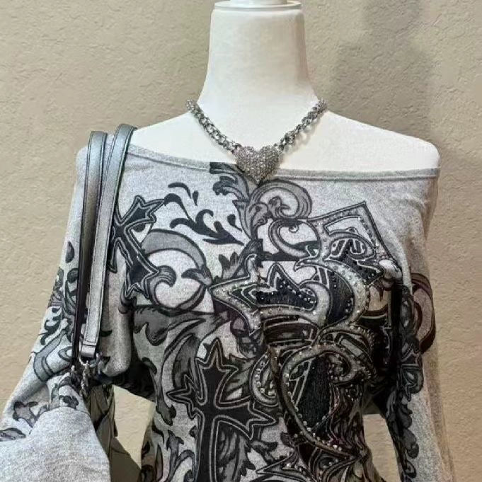 Gray Gothic Rock Punk Y2K E-girl Cross Print One-Shoulder Rhinestone Short Sleeve Top