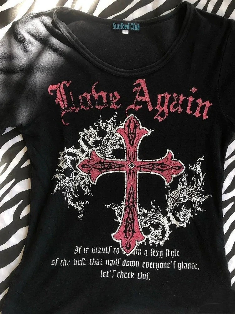 Black Gothic Punk Y2K E-girl American Retro Cross Print Short Sleeve Top