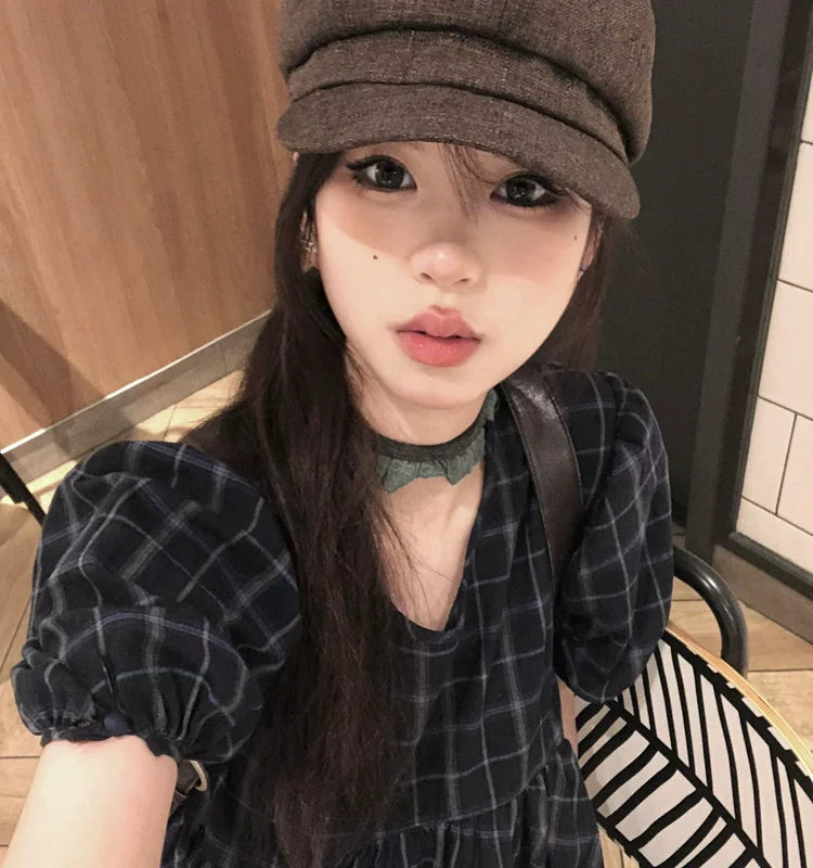 Japanese-Style Navy Plaid Baby-Doll Mini Dress