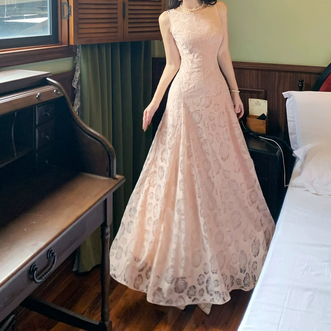 French Pink Rose Sleeveless Ball Gown Dress
