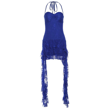 Hot Girl Klein Blue Halter Sleeveless Lace Asymmetrical Fringe Slimming Mini Dress