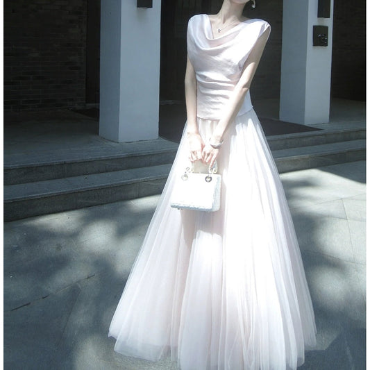 French Pink Satin Top Tulle Half Skirt Gown Set