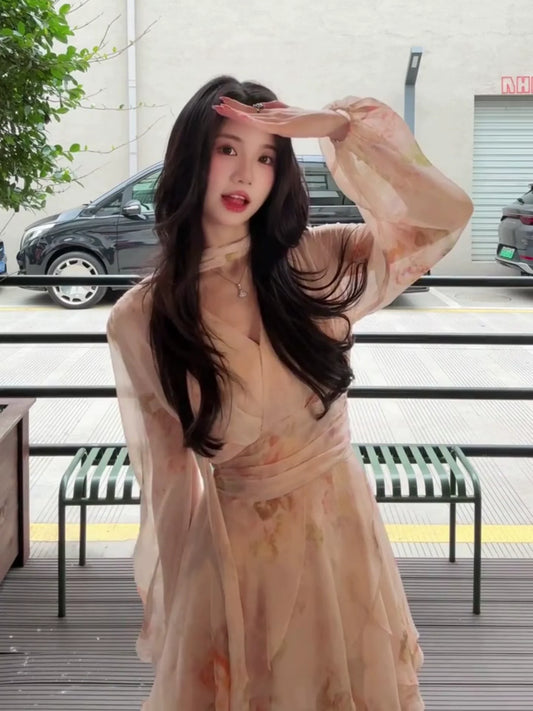 French V-Neck Sash Chiffon Long-Sleeve Waist-Cinched A-Line Mini Dress