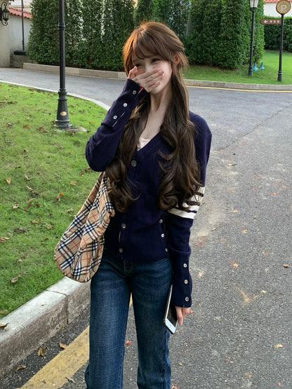 Preppy Striped Knit Cardigan Autumn-Winter Slim Fit Sweater Old Money Chic Top