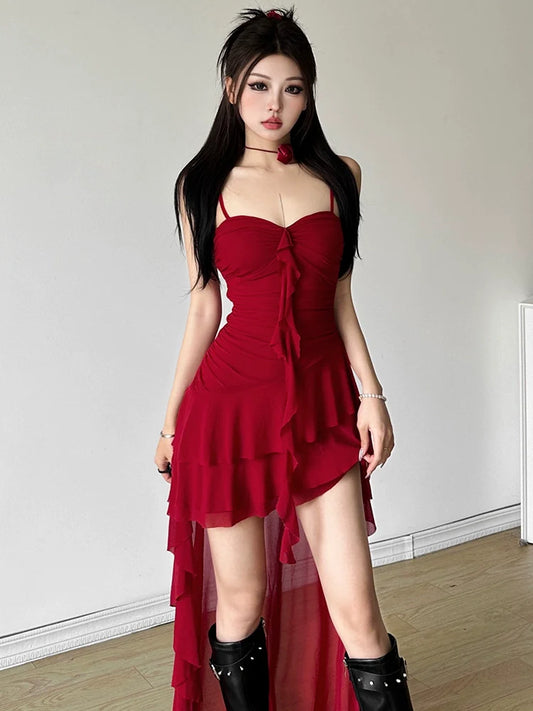 Ins-Inspired Hot & Sexy Ruffle-Paneled Ruched Asymmetrical Camisole Dress