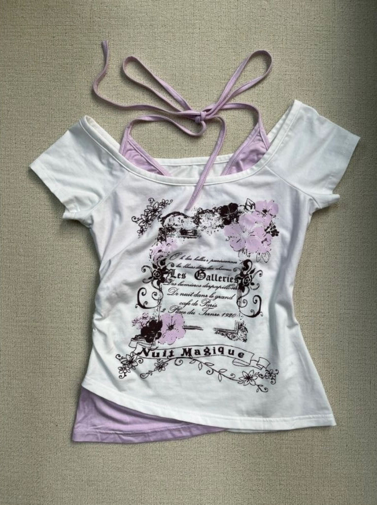 Navy Blue Original Y2K E-girl Vintage Halter Off-Shoulder Fake Two-Piece Short Sleeve Top