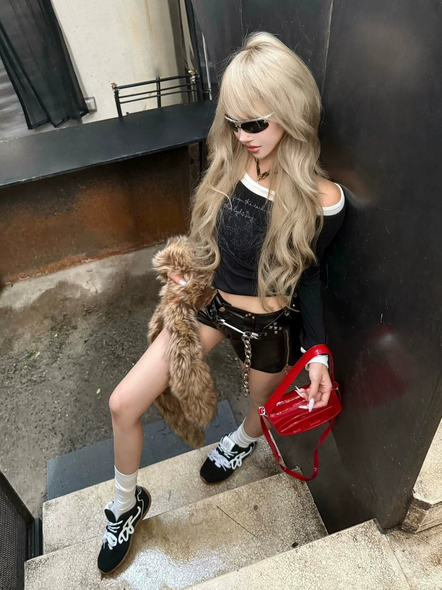 Y2K Light Asymmetric Long Sleeve Tee Autumn Colorblock Layered Top Slim Shoulder Cut