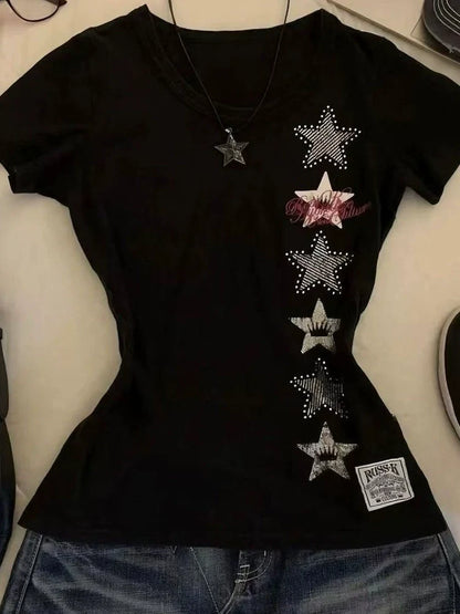 Black American Vintage Print Regular-Shoulder Slim Y2K T-Shirt