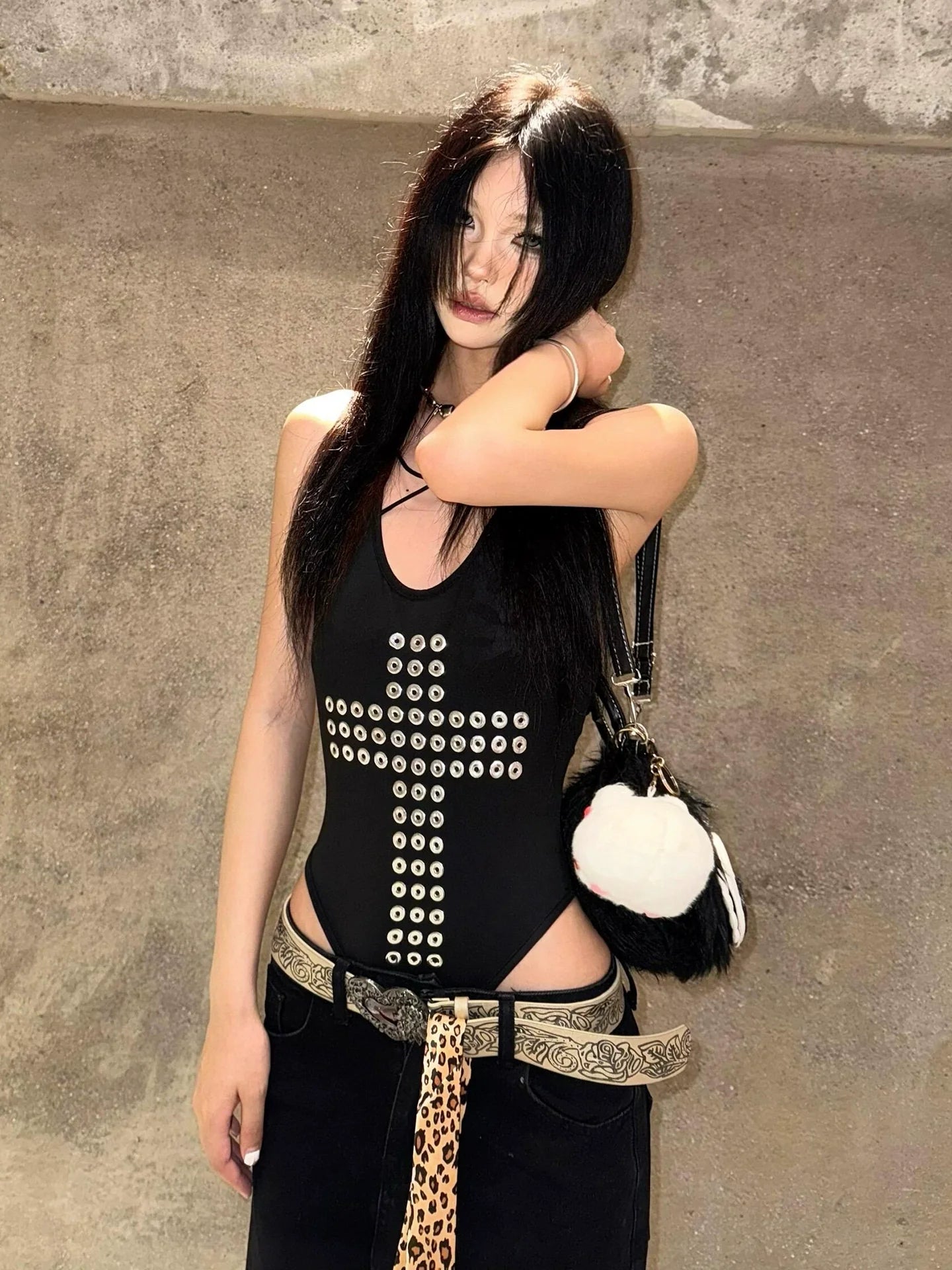 American Hot-Girl Black Halter Tank Metal Studded Punk Visual Kei Top