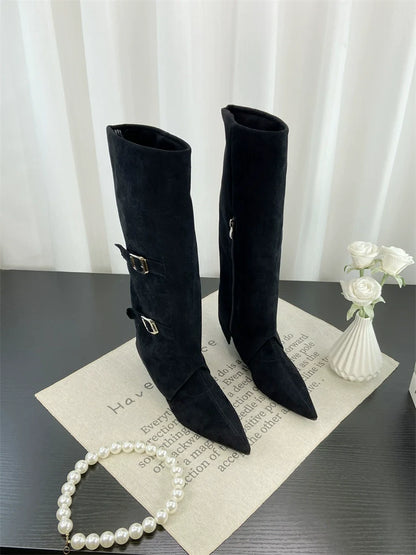 Fall Winter European Fashion Pointed Toe Wedge Knee High Buckle Suede Chunky Heel Spicy Girl Trouser Boots