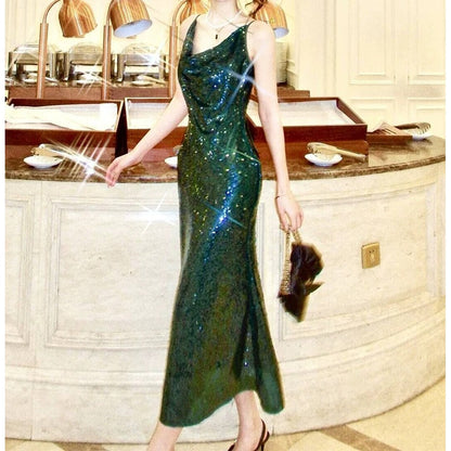 Luxury Green Sequin Tank Gown Evening Party Dress