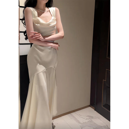 French Satin Mermaid Tail Dress White Engagement Party Evening Gown