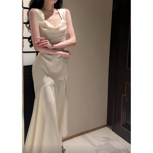 French Satin Mermaid Tail Dress White Engagement Party Evening Gown