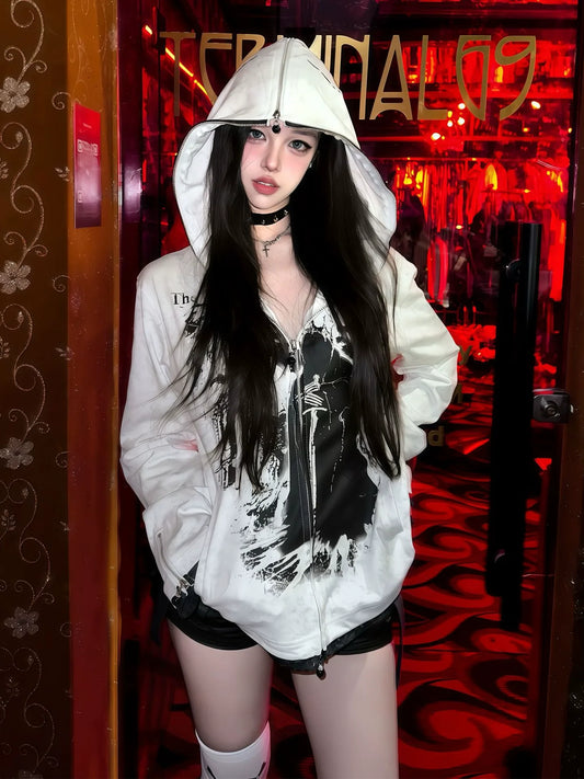 Y2K Castle Print Zip Up Hoodie