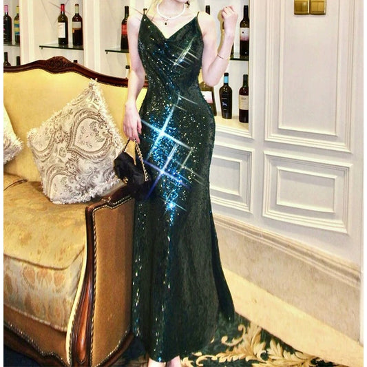 Luxury Green Sequin Tank Gown Evening Party Dress