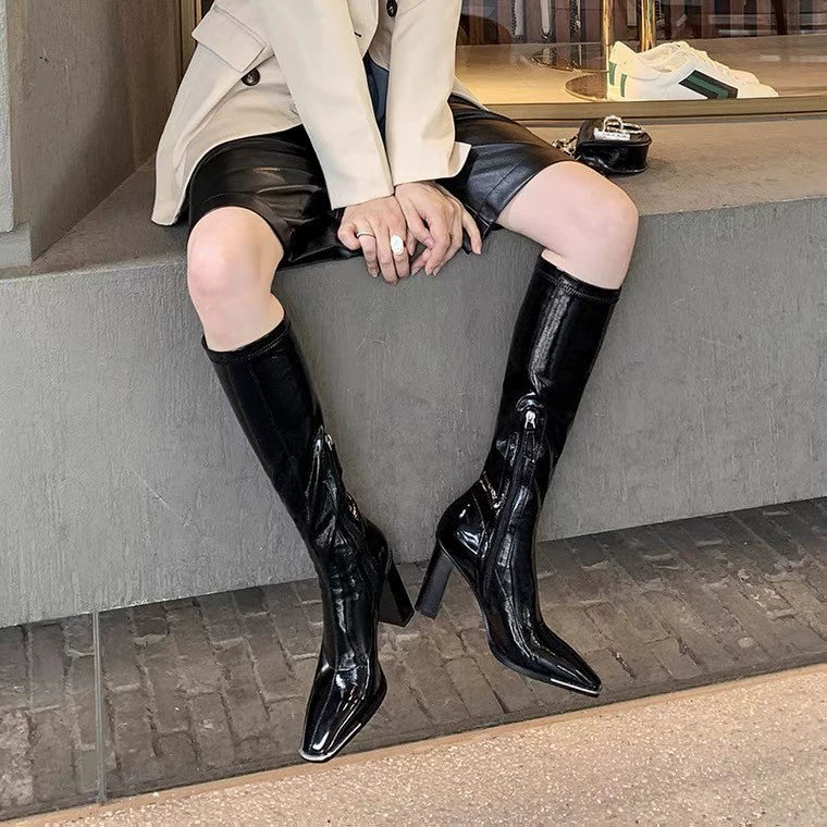 Celebrity Inspired Knee High Boots Women Spring Autumn Patent Leather High Heel Fleece Lined Knee High Biker Boots