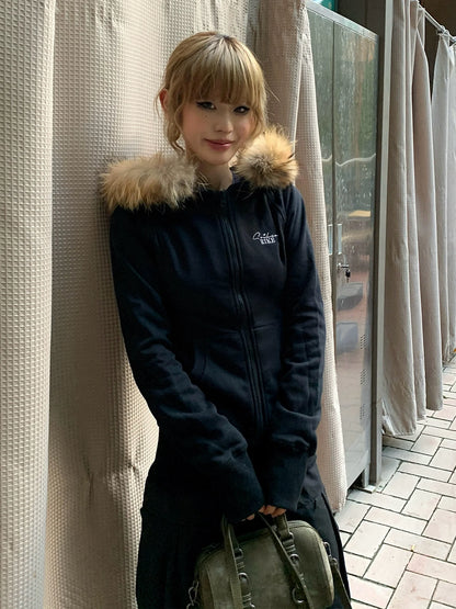 American Fitted Fur Collar Hoodie 2025 Autumn-Winter Zip-Up Crop Outerwear
