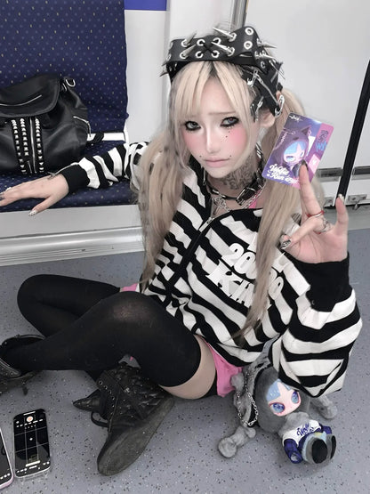 Y2K Black and White Stripe Skull Print Zip Up Hoodie