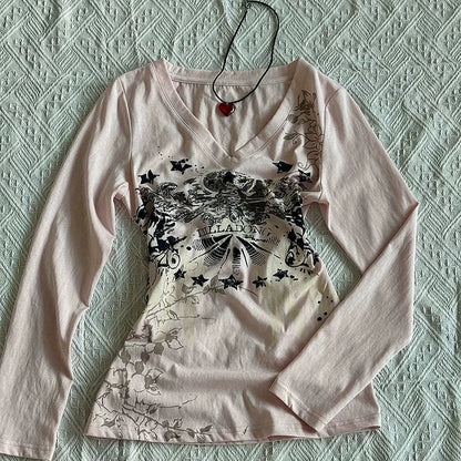 Pink Short-Sleeve Subculture Y2K E-girl Retro Distressed V-neck Print Niche Waist-Cinched Top