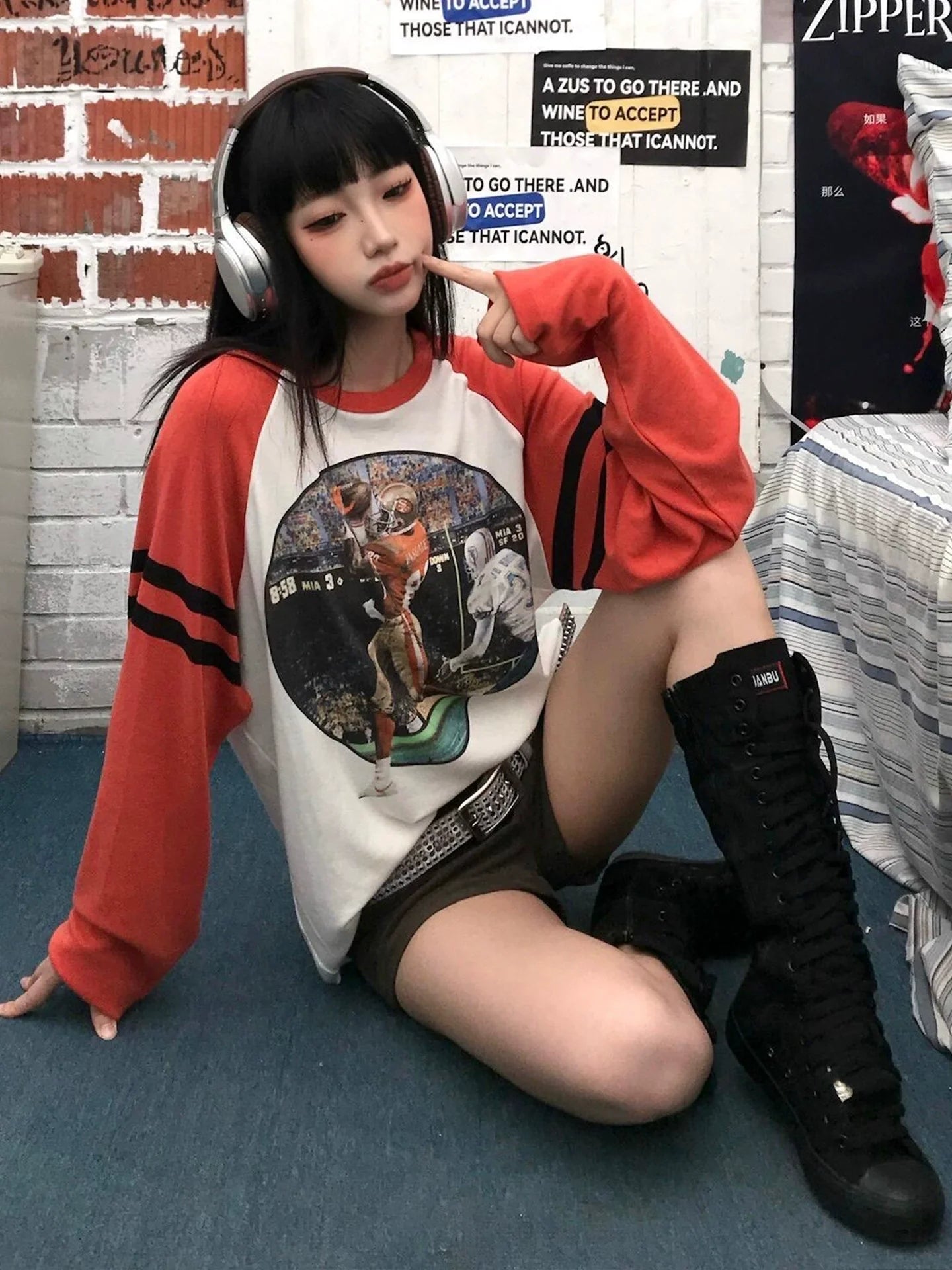 Retro White and Orange Color Block Raglan Long Sleeve Unique Design Top