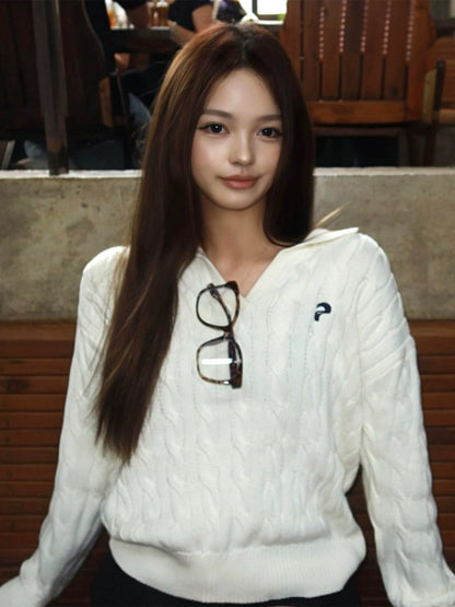 Cable Knit V Neck Loose Sweater Retro College Style Top