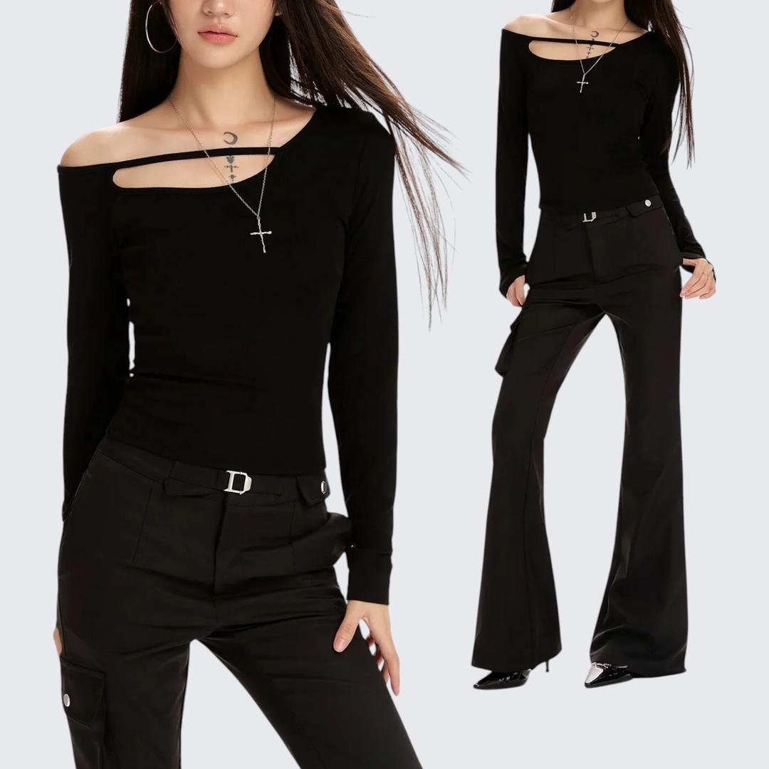 Spring-Autumn Black Off-The-Shoulder Long-Sleeve E-Girl T-Shirt With Slim Fit & Layering-Friendly Design