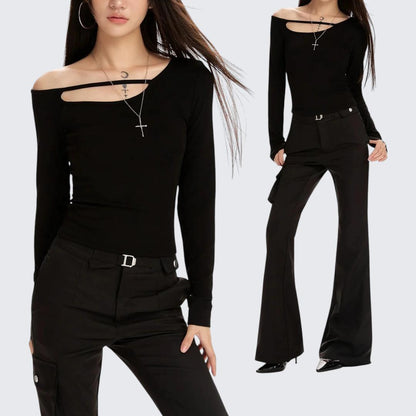 Spring-Autumn Black Off-The-Shoulder Long-Sleeve E-Girl T-Shirt With Slim Fit & Layering-Friendly Design