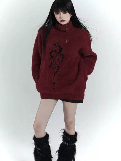 Red Y2K Retro Half-Zip Sweater