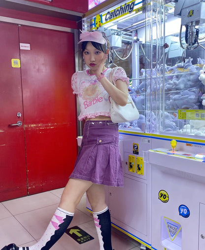 Barbie Pink Retro Sweet Bubble Sleeve Cropped Y2K T-Shirt