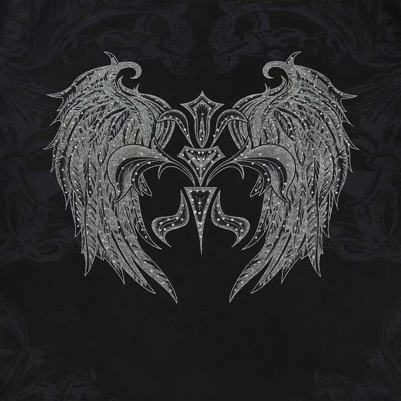 Black Punk Y2K E-girl Geometric Wing Print Slim-Fit Short Sleeve Top