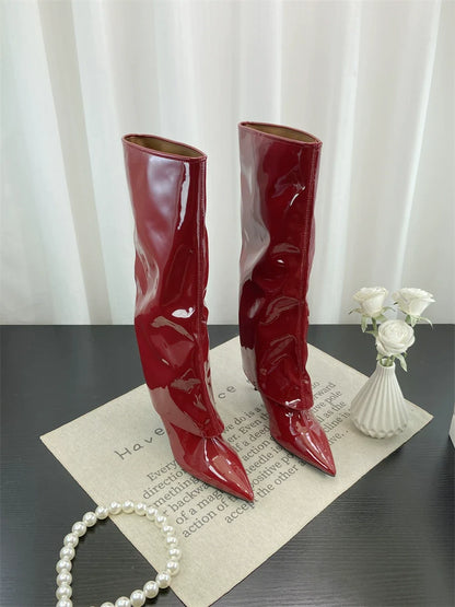 Fall Winter New European Sexy Red Patent Leather Knee High Thin Heel Luxury Pointed Toe Fashion Trouser Boots