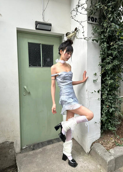 Soft Vibe Sheer Satin Off-The-Shoulder Ruffled Asymmetrical Hot Girl Summer Mini Dress