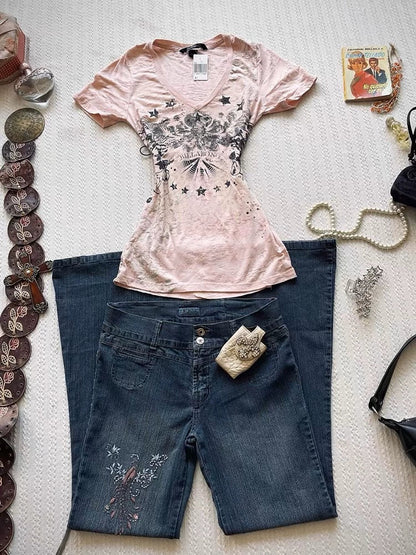 Pink Short-Sleeve Subculture Y2K E-girl Retro Distressed V-neck Print Niche Waist-Cinched Top