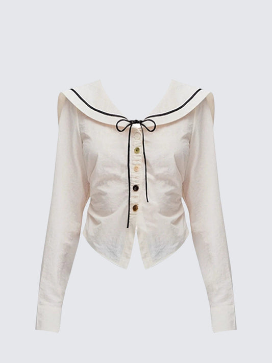 Navy Collar Asymmetrical Long Sleeve Shirt