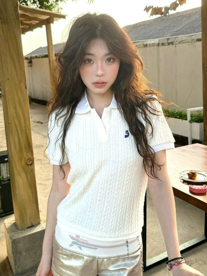 Preppy Embroidered Short Sleeve Polo Top Slim Fit Knit Shirt