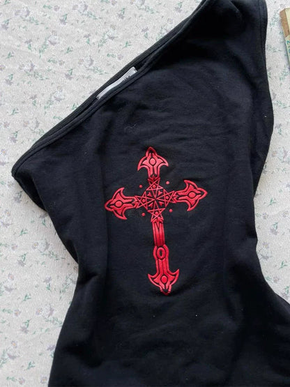 Black Subculture Y2K E-girl Shibuya Girl Retro Cross Print One-Shoulder Tank Top