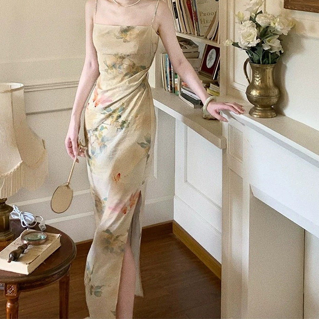 Ink Wash Halter Slit Cheongsam Gown Dress