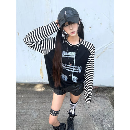 Y2K Light Subculture Striped Long Sleeve Tee Musical Print Raglan Top