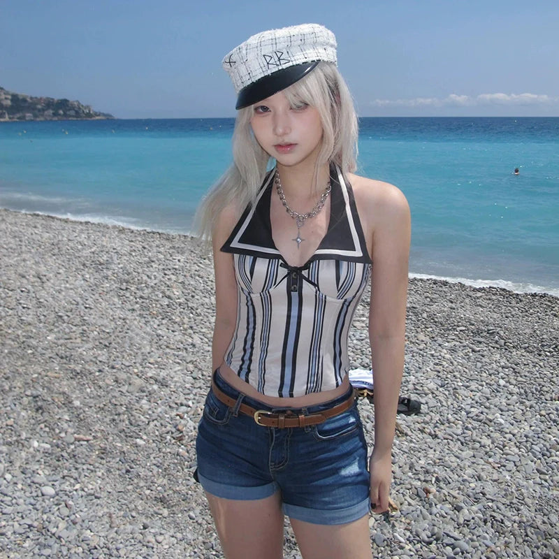 Striped Halter Neck Bustier Top