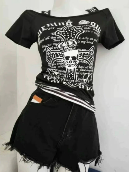 Black Subculture Rock Punk Y2K E-girl Abi Vintage Print Short Sleeve Top