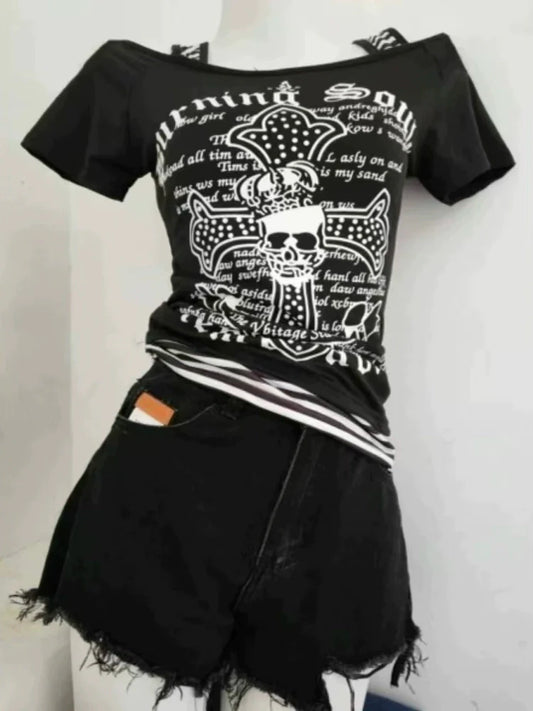 Black Subculture Rock Punk Y2K E-girl Abi Vintage Print Short Sleeve Top
