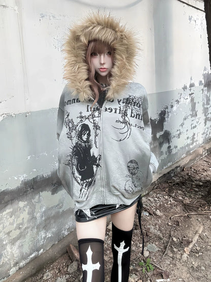 Y2K Fur Collar Zip Hoodie Subculture Street Cropped Jacket