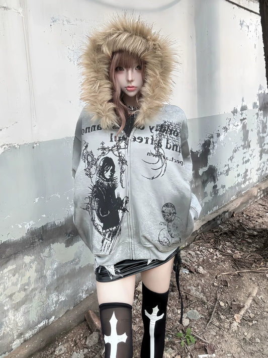 Y2K Fur Collar Zip Hoodie Subculture Street Cropped Jacket